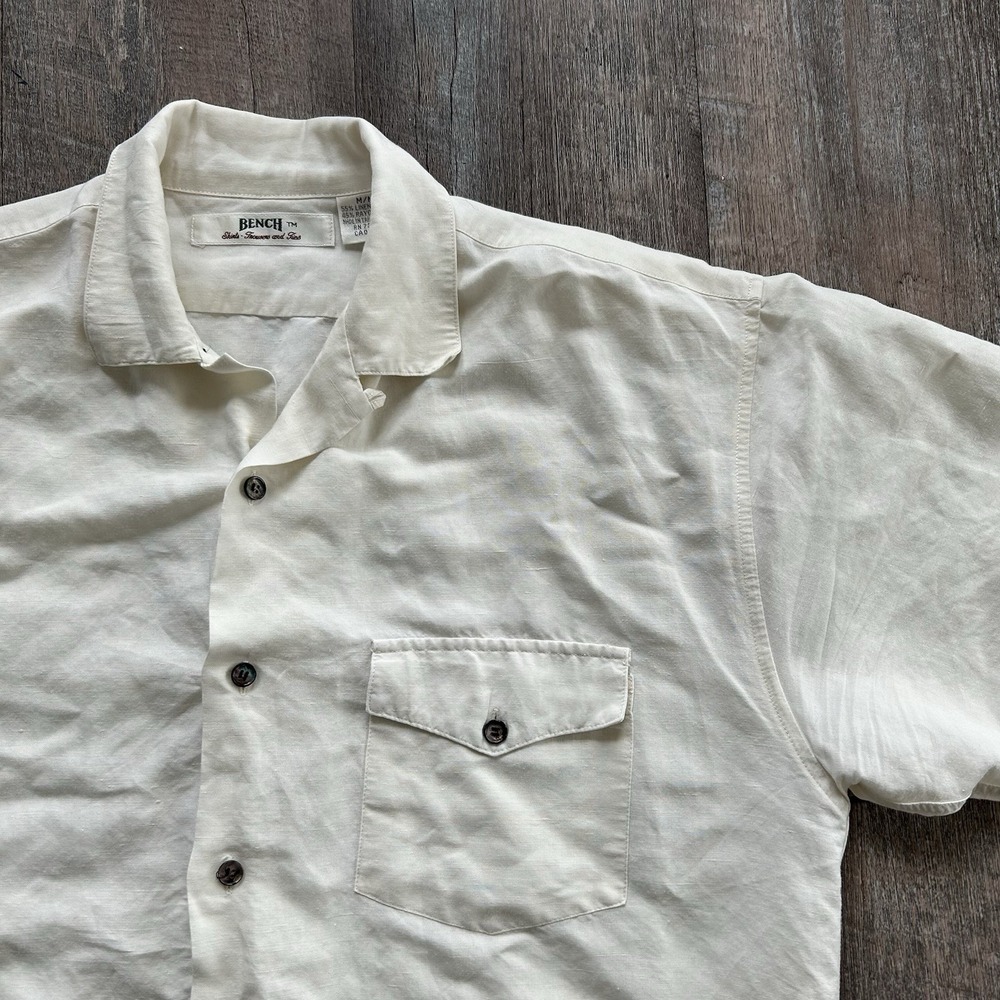 Vintage Camp Shirt Mens M Cream Linen Rayon Bromley Camp Loop Collar 80s